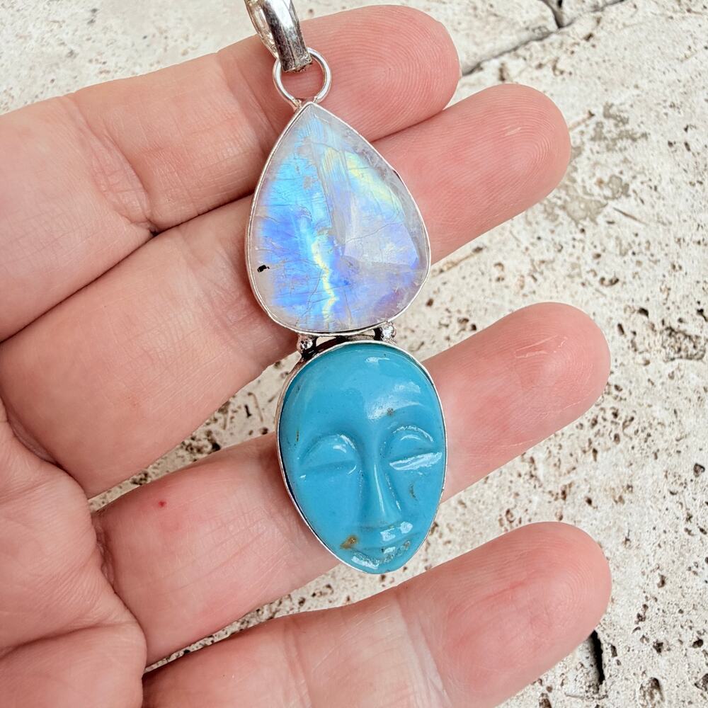 Rainbow Moonstone Moon Face Blue Agate Pendant 925 Overlay